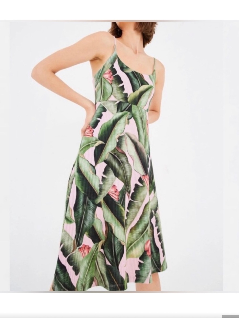 FARM Rio Pink Midi Dress Green Palm Print Women’s Medium Tropical Resortwear